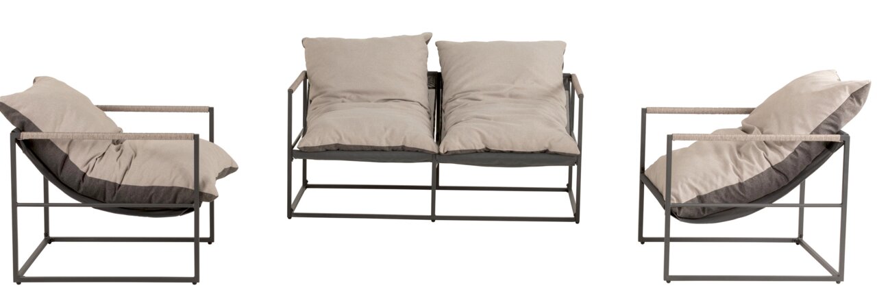 Modernes Lounge-Sofa 2-sitzig mit Metallrahmen und beigen Kissen, Vorder- und Seitenansicht.