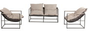 Modernes Lounge-Sofa 2-sitzig mit Metallrahmen und beigen Kissen, Vorder- und Seitenansicht.