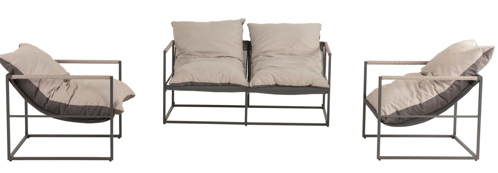 Modernes Lounge-Sofa 2-sitzig mit Metallrahmen und beigen Kissen, Vorder- und Seitenansicht.