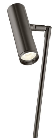 Moderne LED-Tischleuchte in gebürstetem Metall, seitliche Perspektive