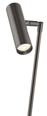 Moderne LED-Tischleuchte in gebürstetem Metall, seitliche Perspektive
