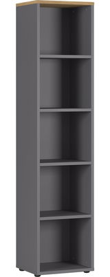 Graues Aktenregal mit vier Fächern, seitliche Perspektive