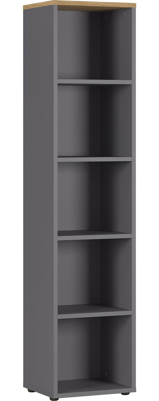 Graues Aktenregal mit vier Fächern, seitliche Perspektive