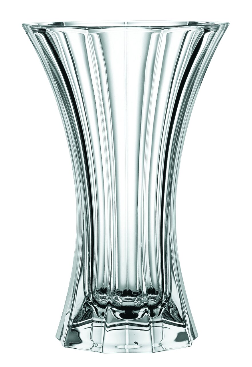 Elegante glazen vaas met een gebogen vorm, afgebeeld van voren