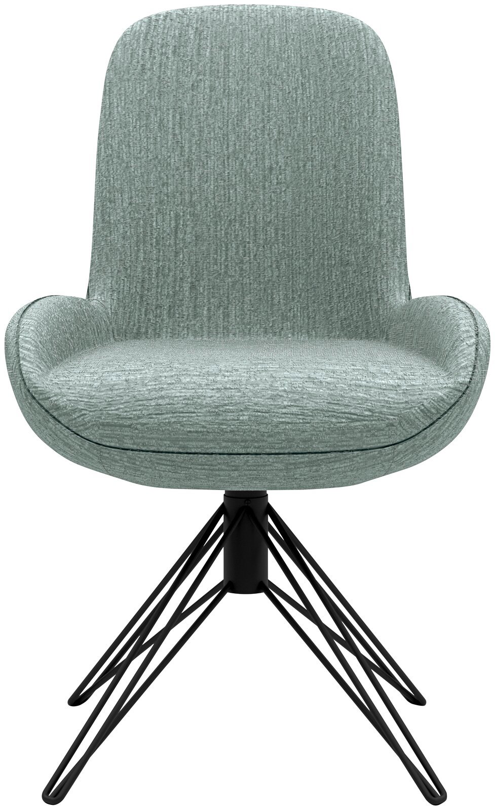 Moderner Stuhl mit grünem Stoffbezug und schwarzem Metallgestell, Frontalansicht