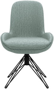 Moderner Stuhl mit grünem Stoffbezug und schwarzem Metallgestell, Frontalansicht