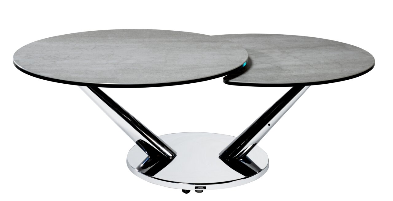 Moderner Couchtisch mit zwei runden, grauen Tischplatten und verchromtem Gestell, seitliche Perspektive