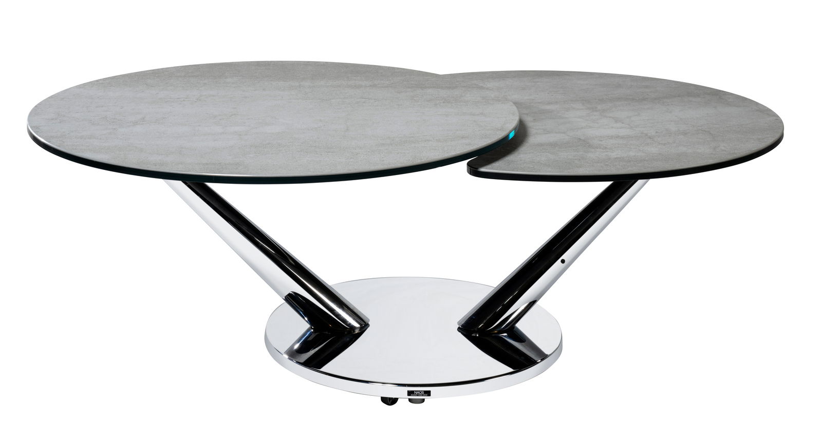 Moderner Couchtisch mit zwei runden, grauen Tischplatten und verchromtem Gestell, seitliche Perspektive