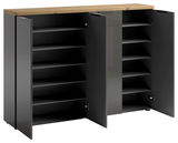 XXL-Schuhschrank XORA IDEA in Weiß/Anthrazit mit geöffneter Frontansicht, zeigt mehrere Regalböden und eine Holzoberfläche.