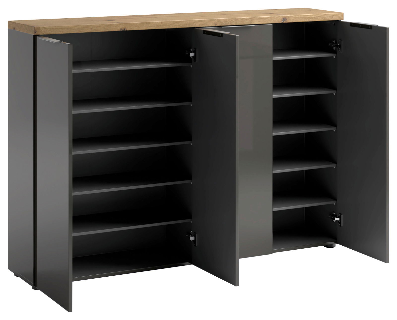 XXL-Schuhschrank XORA IDEA in Weiß/Anthrazit mit geöffneter Frontansicht, zeigt mehrere Regalböden und eine Holzoberfläche.