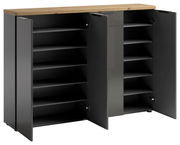 XXL-Schuhschrank XORA IDEA in Weiß/Anthrazit mit geöffneter Frontansicht, zeigt mehrere Regalböden und eine Holzoberfläche.