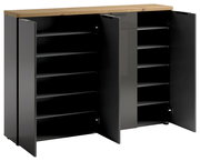 XXL-Schuhschrank XORA IDEA in Weiß/Anthrazit mit geöffneter Frontansicht, zeigt mehrere Regalböden und eine Holzoberfläche.