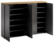 XXL-Schuhschrank XORA IDEA in Weiß/Anthrazit mit geöffneter Frontansicht, zeigt mehrere Regalböden und eine Holzoberfläche.