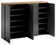 XXL-Schuhschrank XORA IDEA in Weiß/Anthrazit mit geöffneter Frontansicht, zeigt mehrere Regalböden und eine Holzoberfläche.