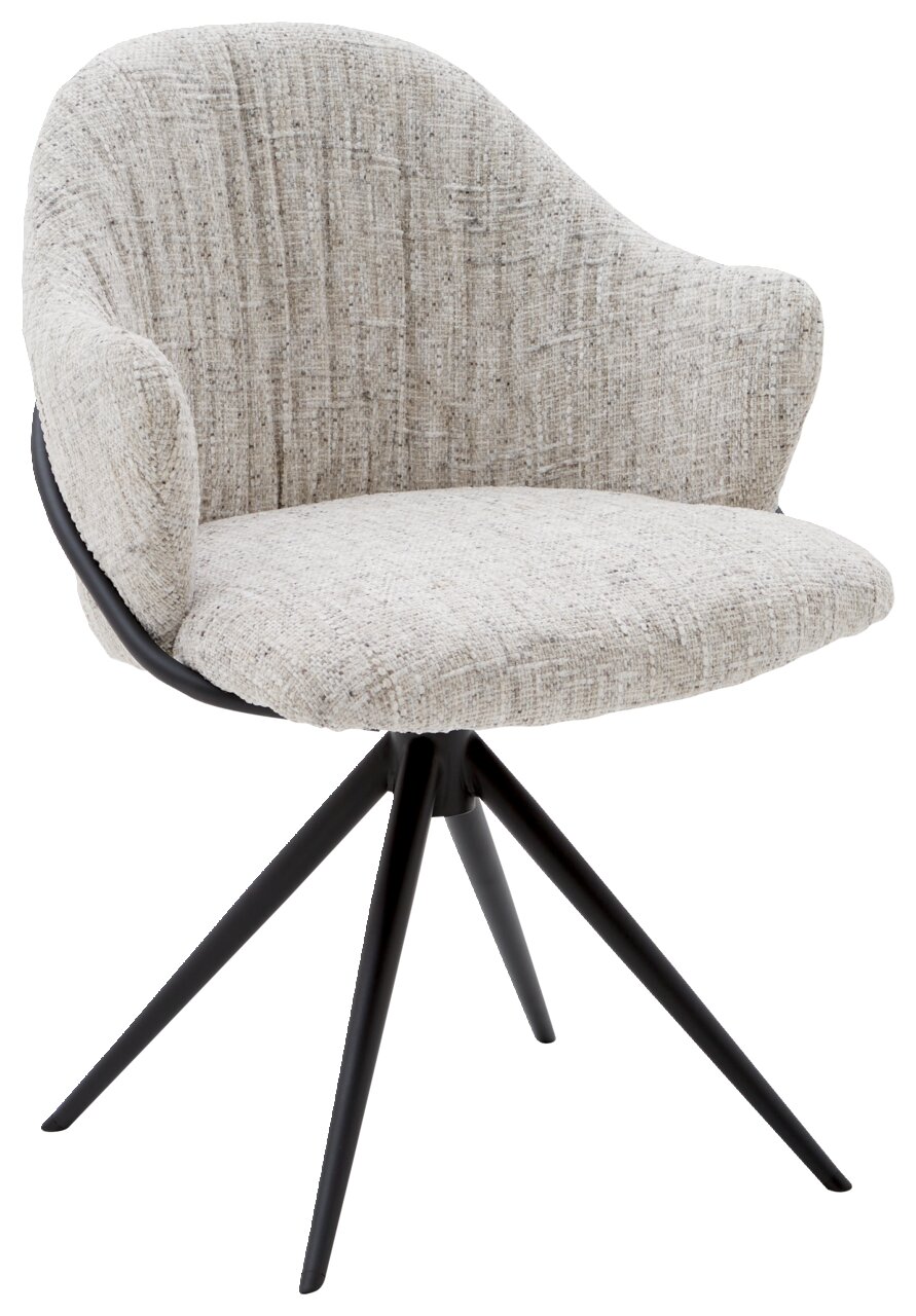 Moderner Armlehnstuhl mit hellgrauem Stoffbezug und schwarzem Metallgestell, seitliche Perspektive