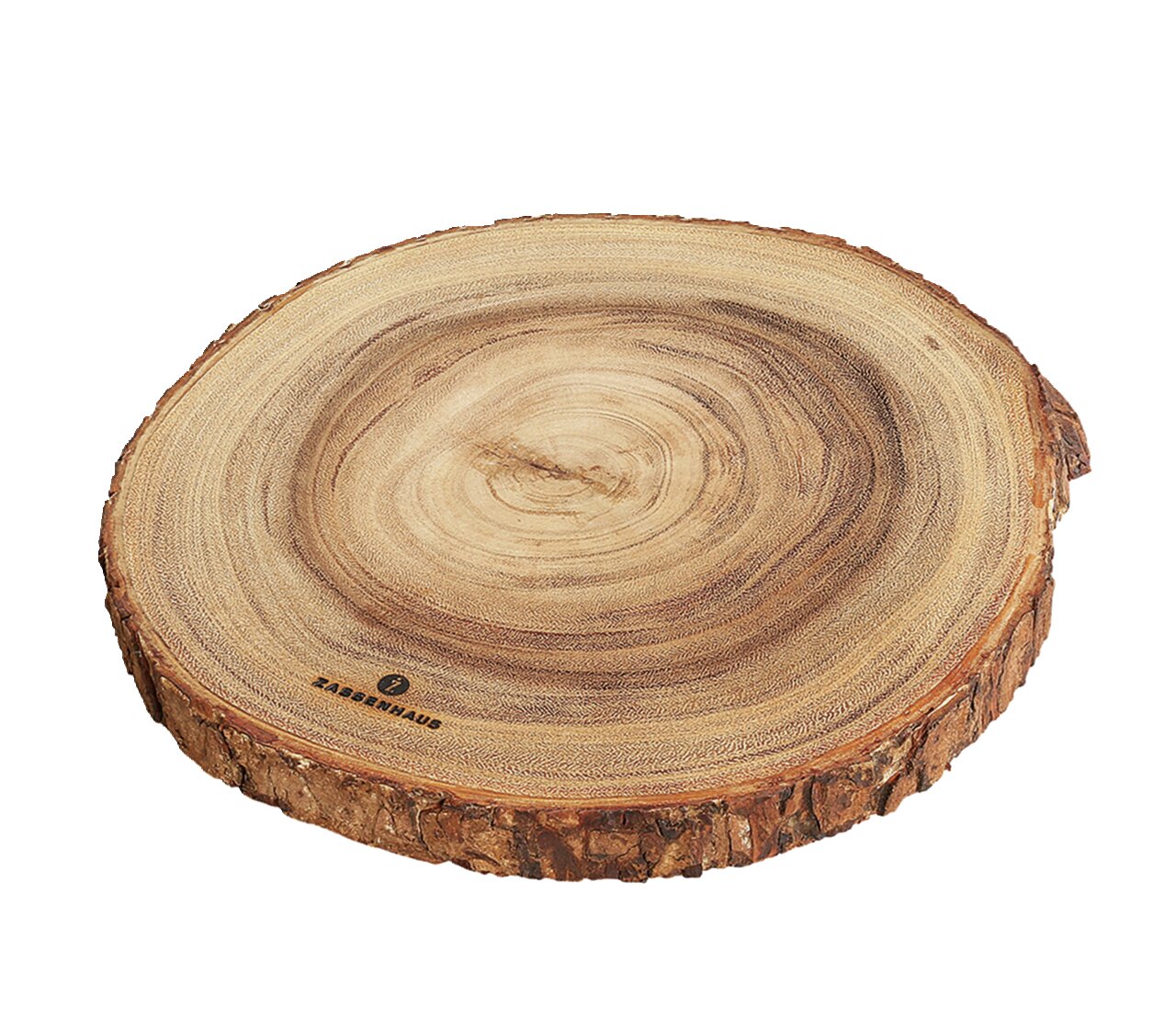 Runde Servierplatte aus Akazienholz mit natürlicher Baumrindenstruktur, von oben betrachtet.