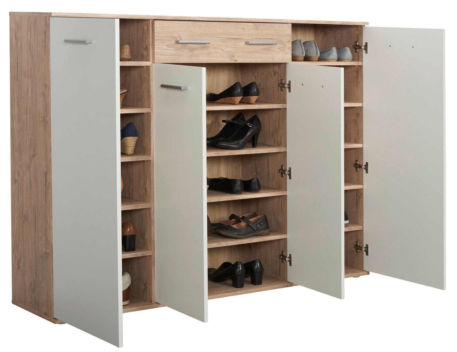 XL-Schuhschrank II mit offenen Türen, zeigt verschiedene Fächer mit Schuhen aus einer frontalen Perspektive.