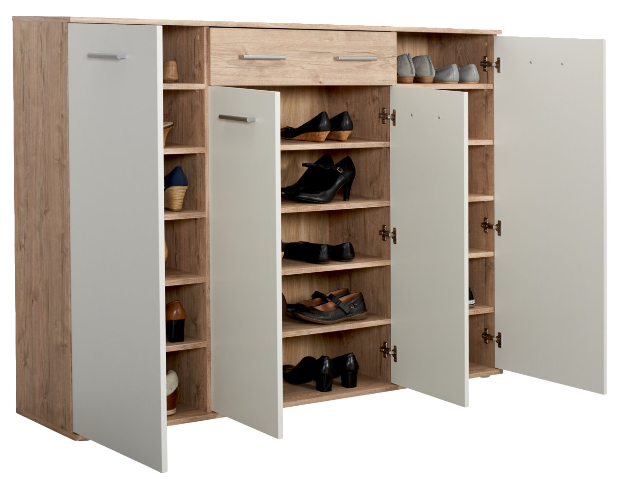XL-Schuhschrank II mit offenen Türen, zeigt verschiedene Fächer mit Schuhen aus einer frontalen Perspektive.