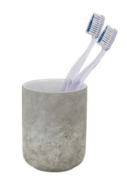 Keramik Zahnputzbecher Londa mit zwei Zahnbürsten, seitliche Perspektive