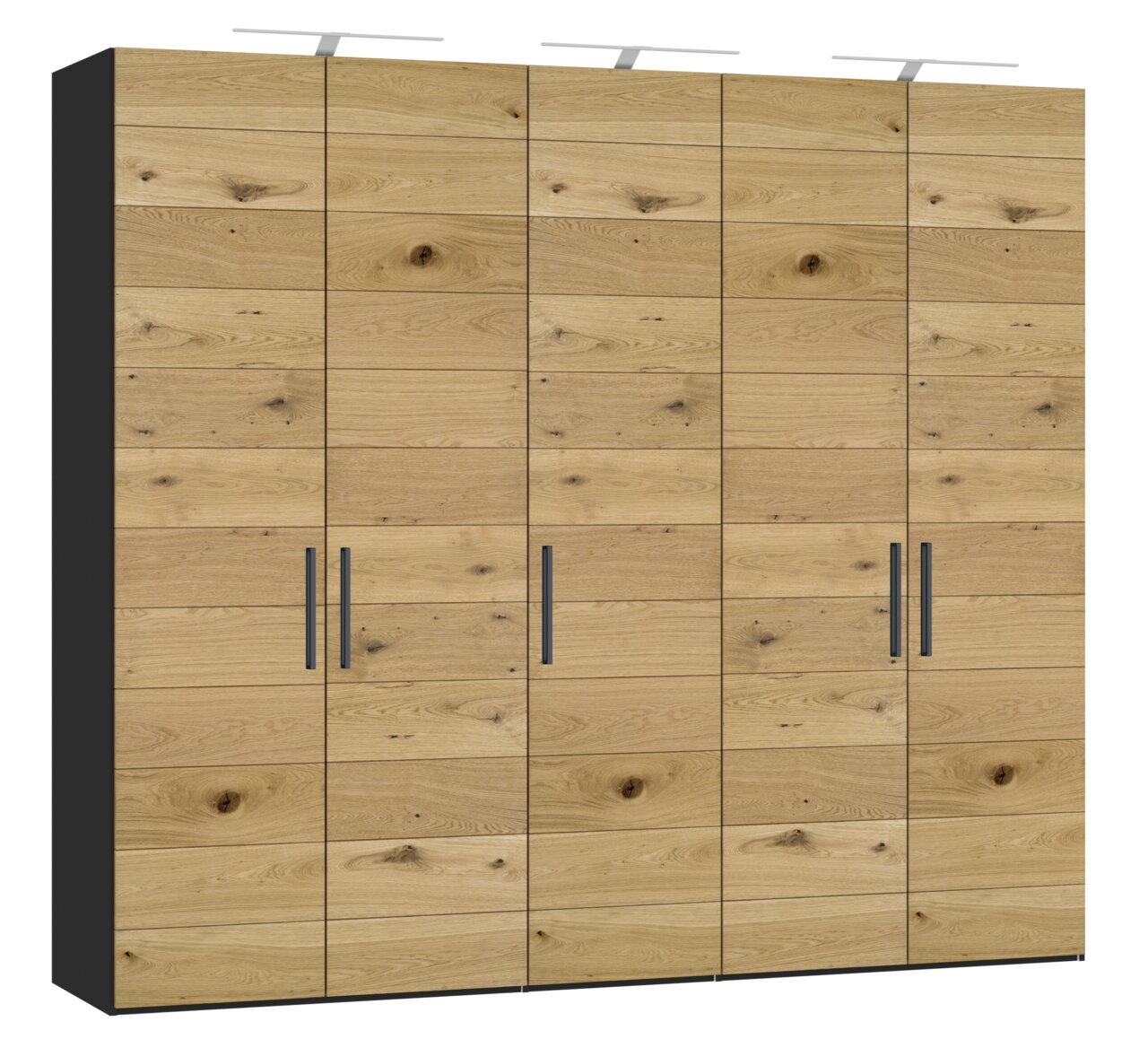5-türiger Drehtürenschrank aus Holz mit natürlicher Maserung, frontal betrachtet