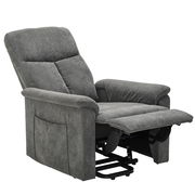 Grauer Relaxsessel mit ausgeklappter Fußstütze, seitliche Perspektive