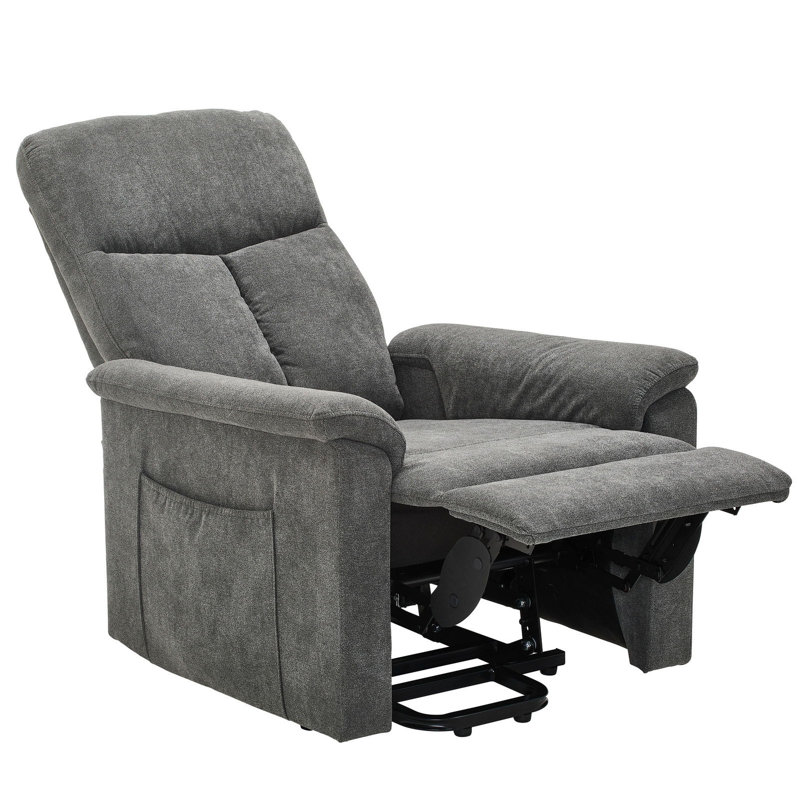 Grauer Relaxsessel mit ausgeklappter Fußstütze, seitliche Perspektive