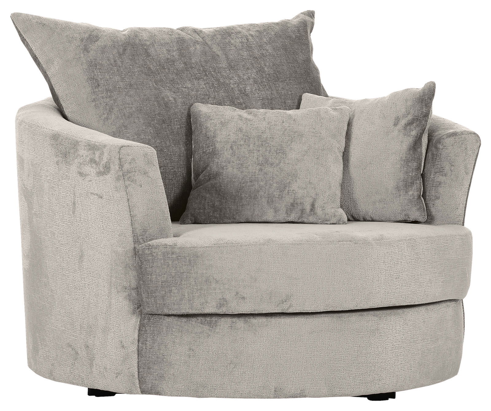 Gemütlicher, runder Sessel in hellgrauem Stoff mit zwei Kissen, Vorderansicht