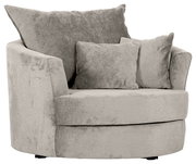 Gemütlicher, runder Sessel in hellgrauem Stoff mit zwei Kissen, Vorderansicht