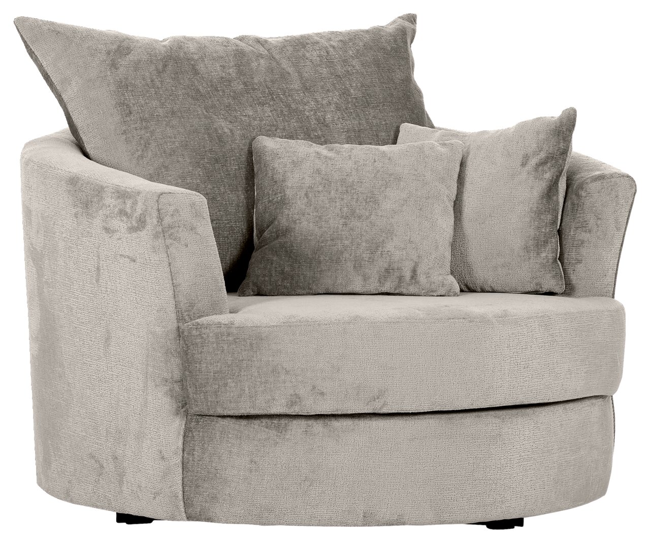 Gemütlicher, runder Sessel in hellgrauem Stoff mit zwei Kissen, Vorderansicht