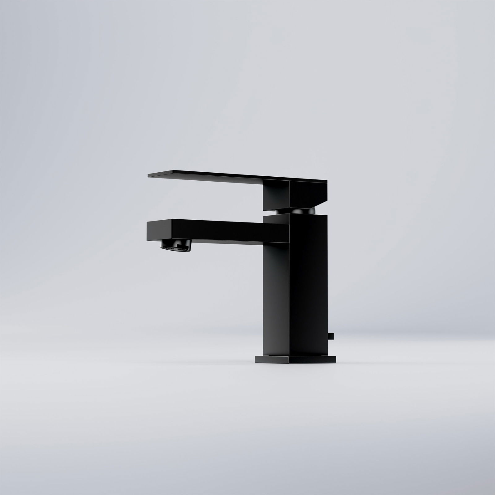 Moderner schwarzer Waschtisch-Einhebelmischer in seitlicher Perspektive