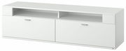 Weißes TV-Lowboard mit zwei Türen und einem offenen Fach, frontal betrachtet.