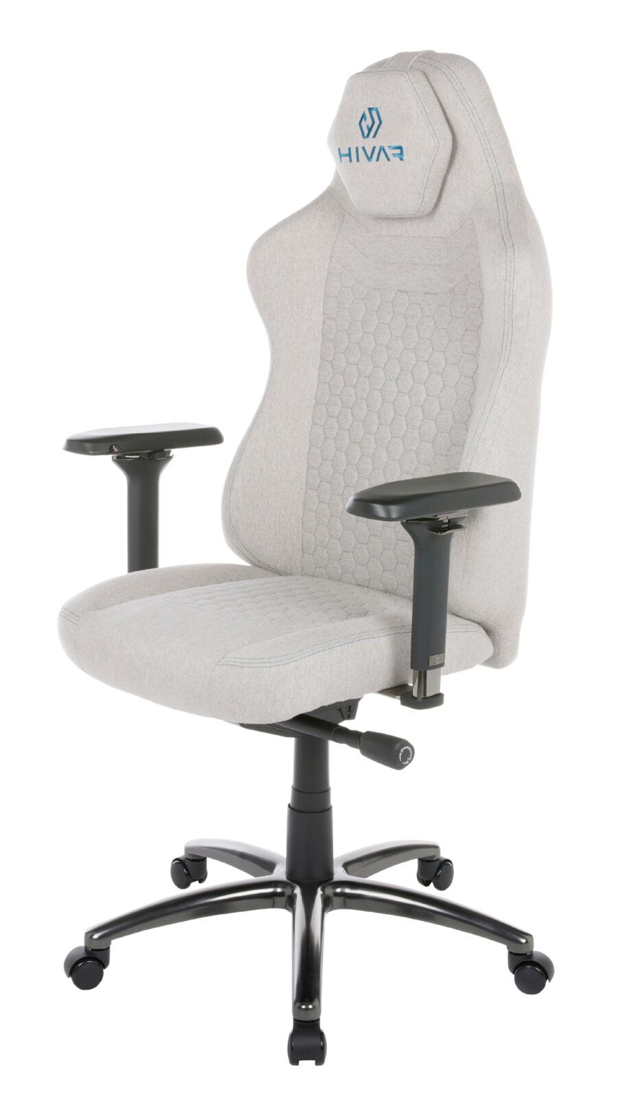 Grauer Gaming Stuhl mit ergonomischem Design, verstellbaren Armlehnen und stabiler Basis, seitliche Perspektive