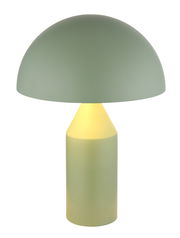 Moderne Tischleuchte ATOMA in sanftem Grün, seitliche Perspektive