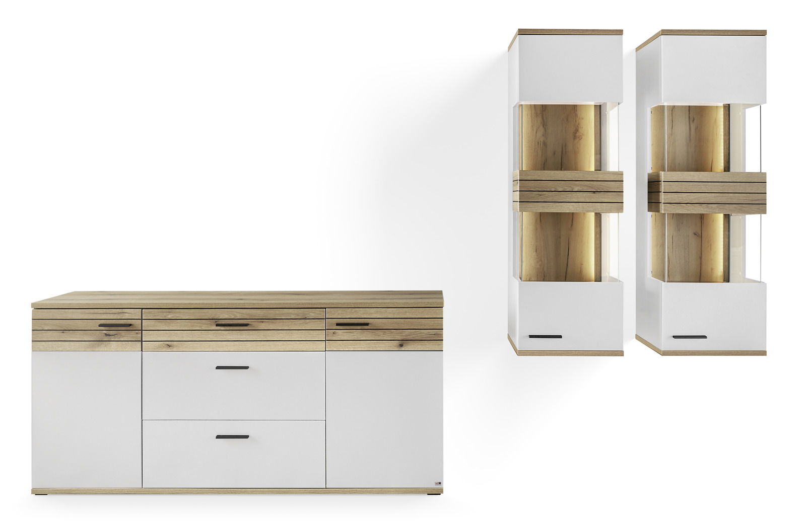 Frontale Ansicht von zwei modernen Hängeschränken mit Holz- und Weißakzenten, neben einer passenden Kommode.