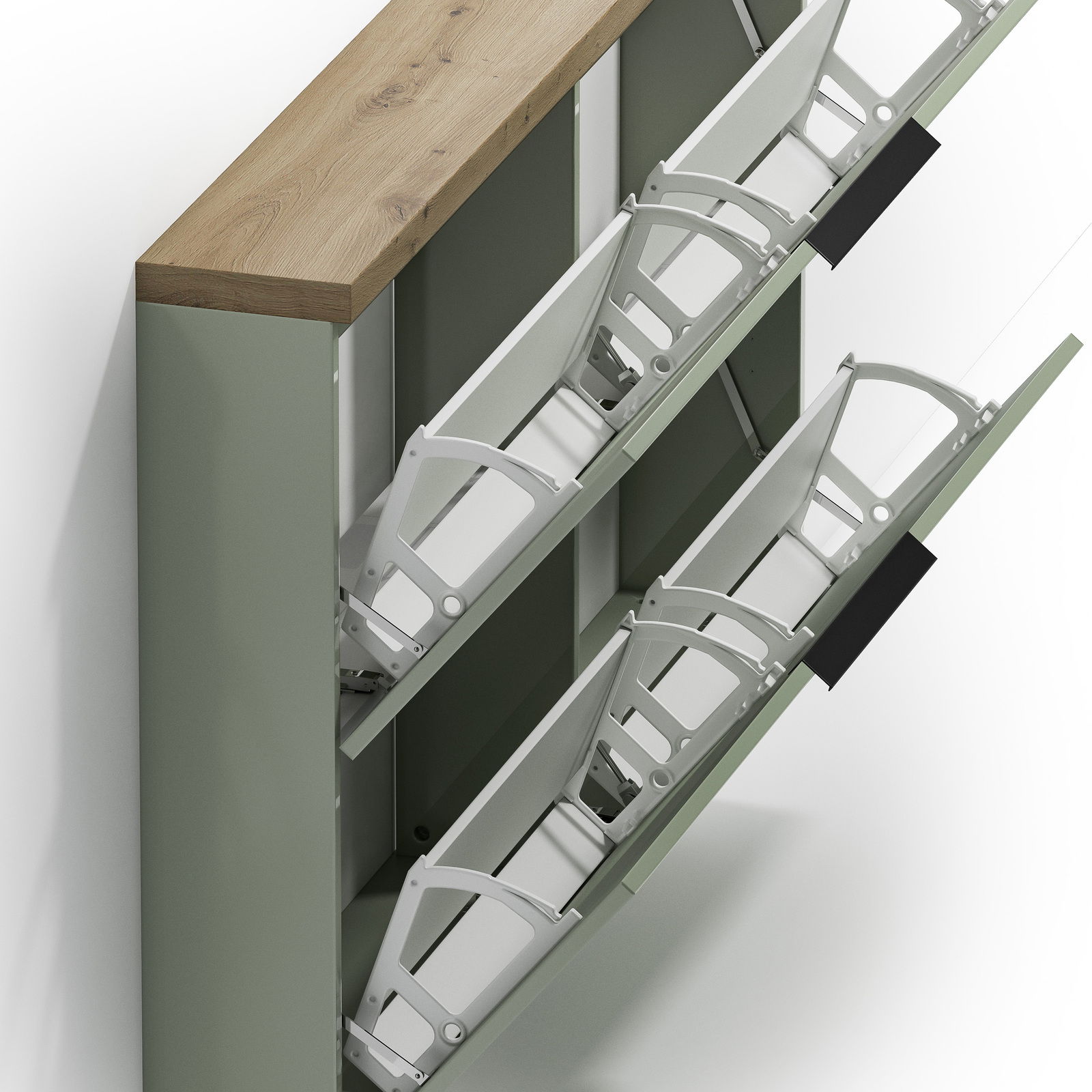 Hängeschuhschrank mit drei offenen Klappen, seitliche Perspektive