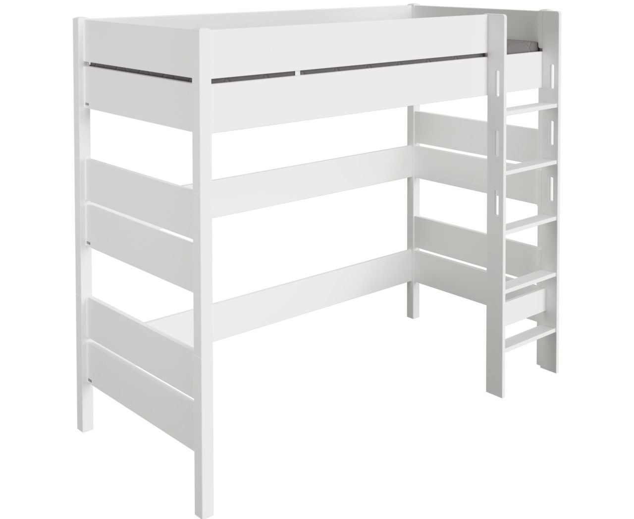 Weißes Hochbett mit integrierter Leiter, seitliche Perspektive