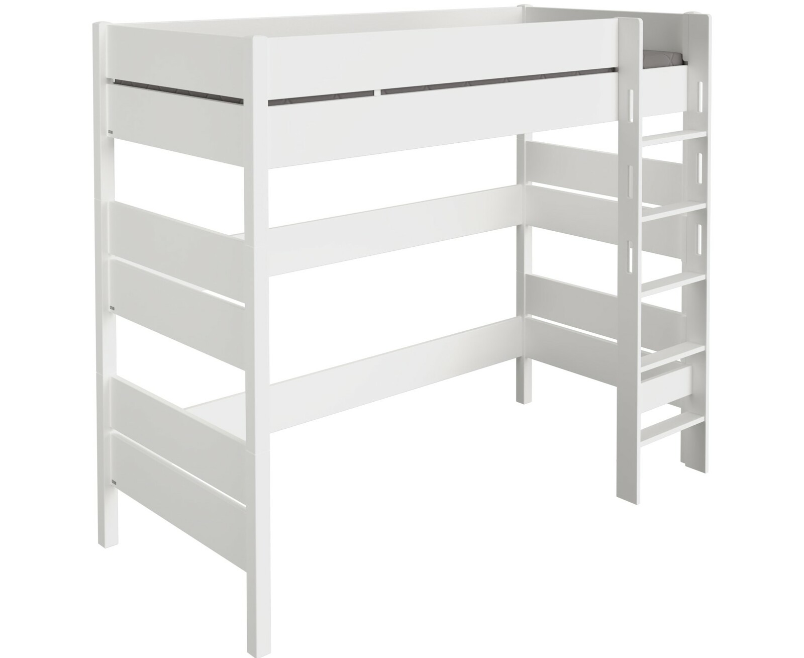 Weißes Hochbett mit integrierter Leiter, seitliche Perspektive