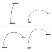 Moderne LED-Bogenleuchte in verschiedenen Perspektiven, zeigt schlankes, minimalistisches Design mit rundem Sockel und gebogenem Arm.