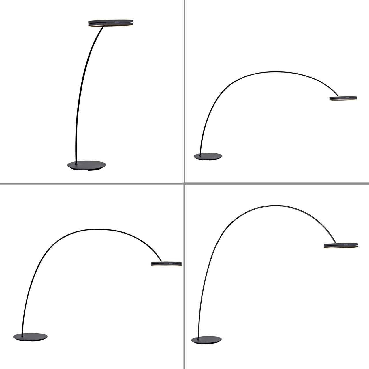 Moderne LED-Bogenleuchte in verschiedenen Perspektiven, zeigt schlankes, minimalistisches Design mit rundem Sockel und gebogenem Arm.