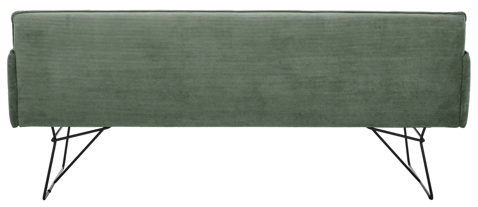 Rückansicht einer grünen Solobank 2-Sitzer mit Metallbeinen.