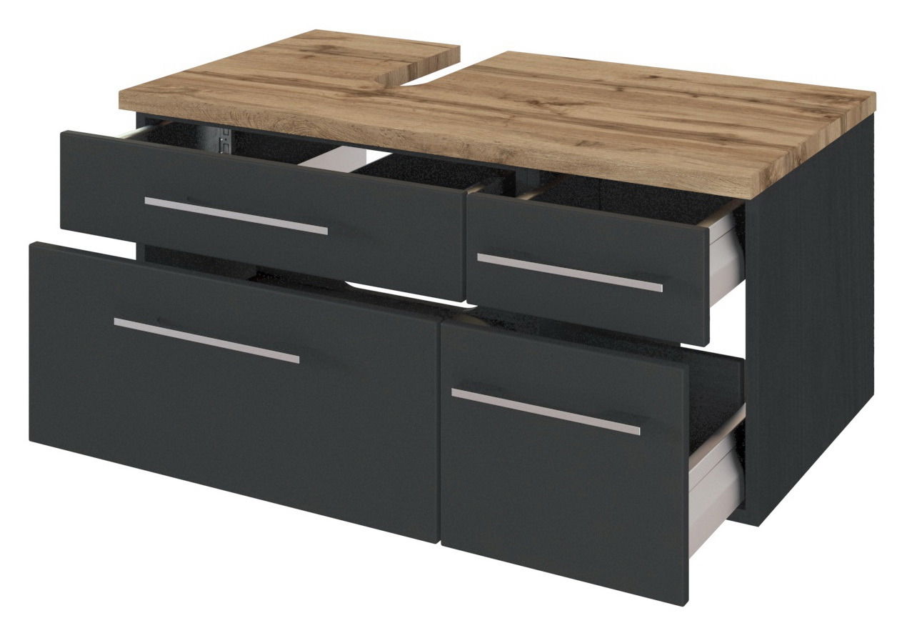 Waschbeckenunterschrank mit vier Schubladen, dunkler Front und Holzplatte, perspektivische Ansicht von vorne links