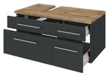 Waschbeckenunterschrank mit vier Schubladen, dunkler Front und Holzplatte, perspektivische Ansicht von vorne links