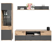 Wohnkombination in Holzoptik mit grauen Elementen, bestehend aus einem hohen Schrank mit Glastüren und einem niedrigen TV-Schrank, frontal abgebildet.