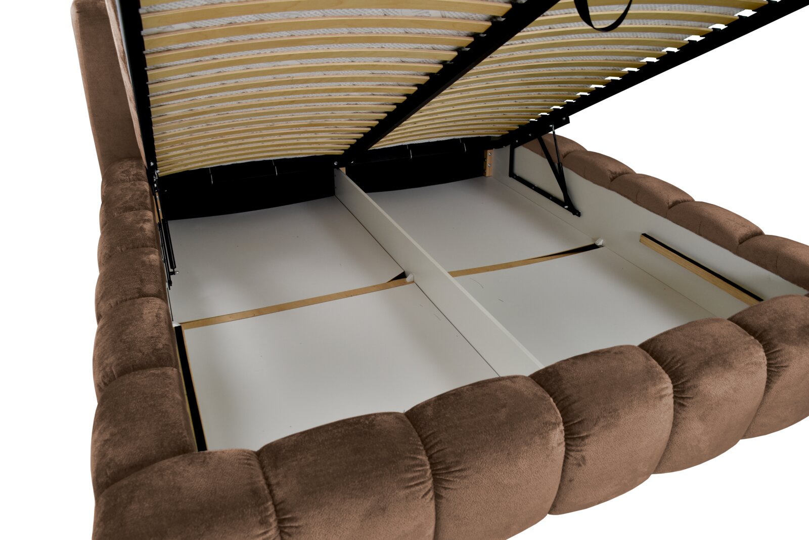Gestoffeerd bedframe met opgeklapt lattenbodem, zijaanzicht