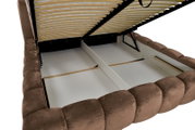 Gestoffeerd bedframe met opgeklapt lattenbodem, zijaanzicht