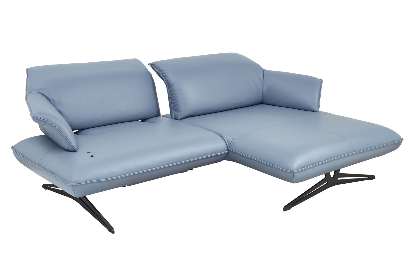 Blaue Longchairkombination mit modernen schwarzen Metallfüßen, seitliche Perspektive