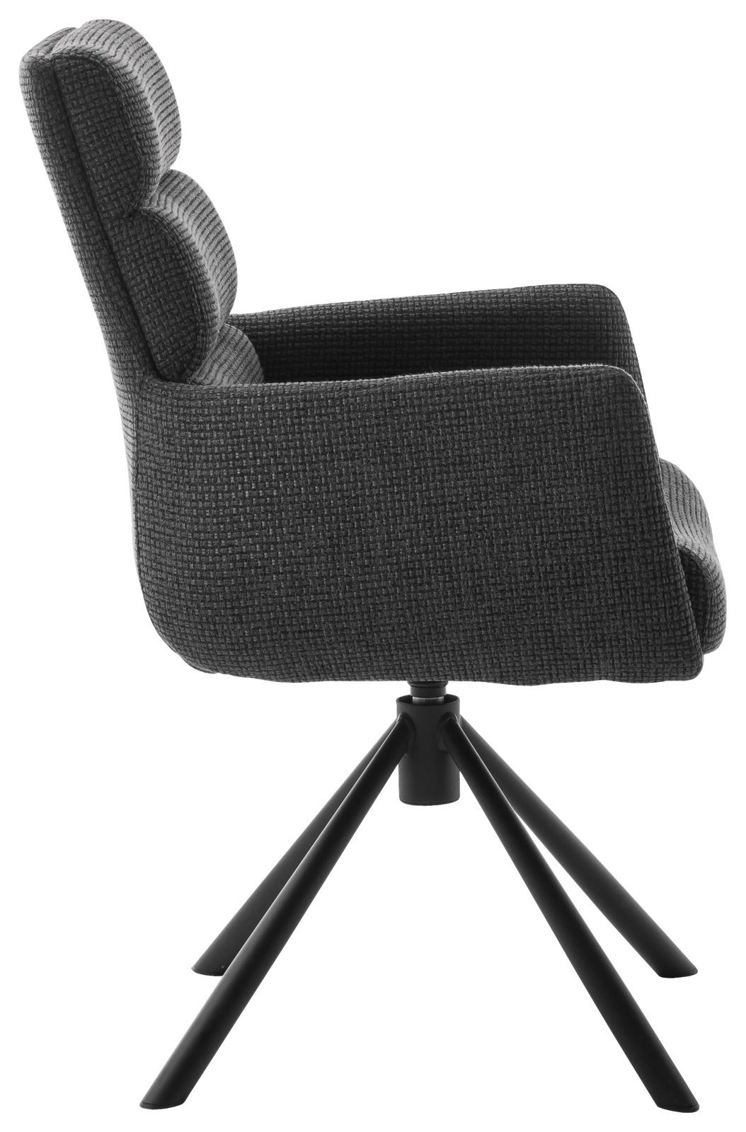 Seitenansicht eines grauen Armlehnstuhls mit gepolsterter Rückenlehne und schwarzem Metallgestell.