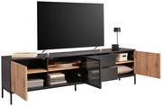 XL-TV-Lowboard in moderner Perspektive mit offenen Türen und Schubladen, zeigt Stauraum mit Büchern, Boxen und Dekorationen.