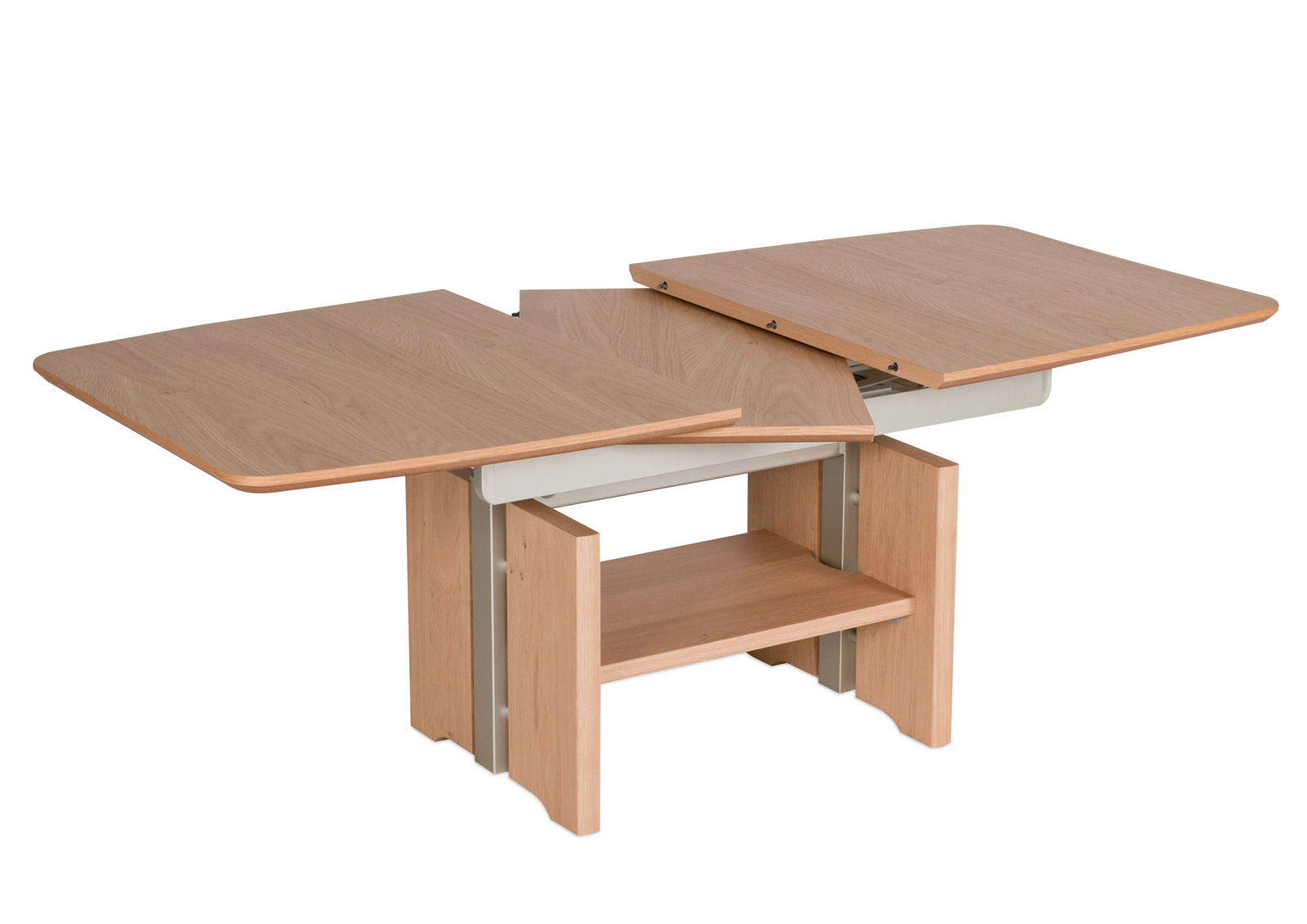 Moderner Couchtisch aus Holz mit ausziehbarer Tischplatte, seitliche Perspektive