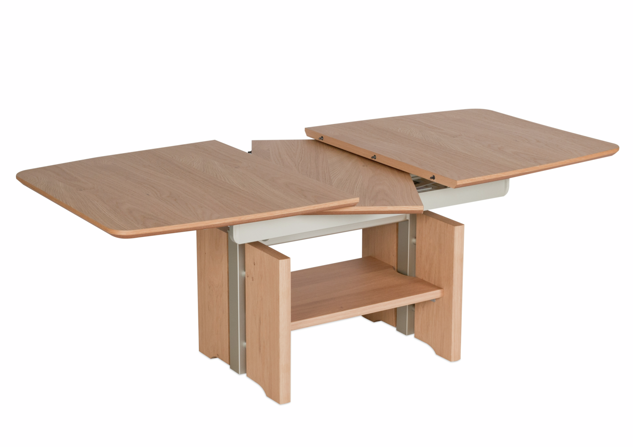 Moderner Couchtisch aus Holz mit ausziehbarer Tischplatte, seitliche Perspektive